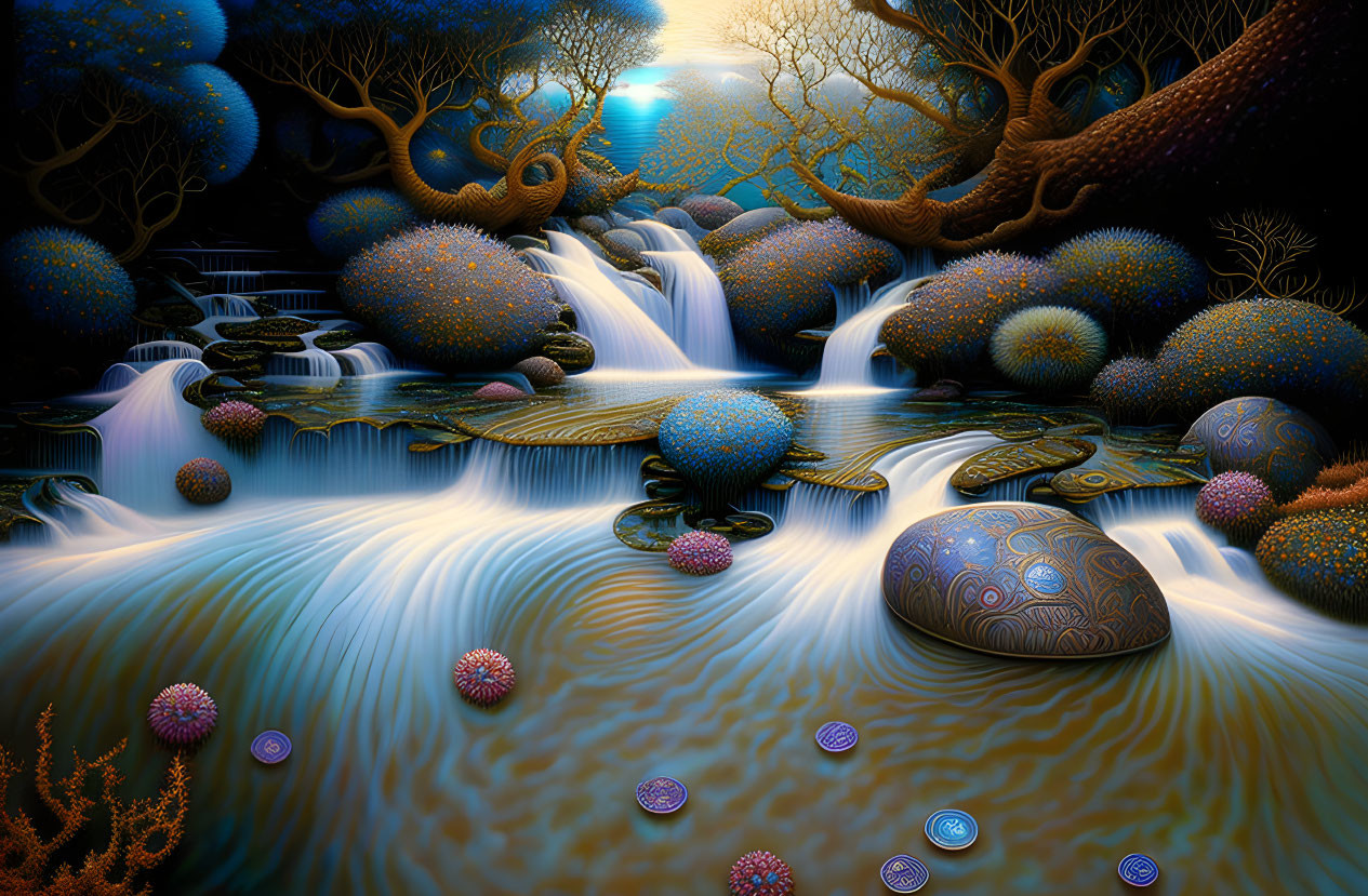 Vibrant patterned trees, cascading waterfalls, mystical spheres in surreal landscape