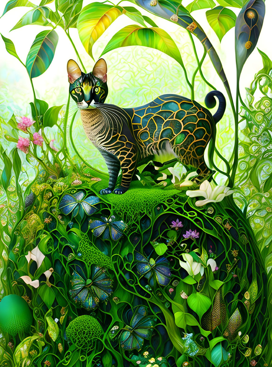 Stylized black cat with golden patterns in lush green foliage