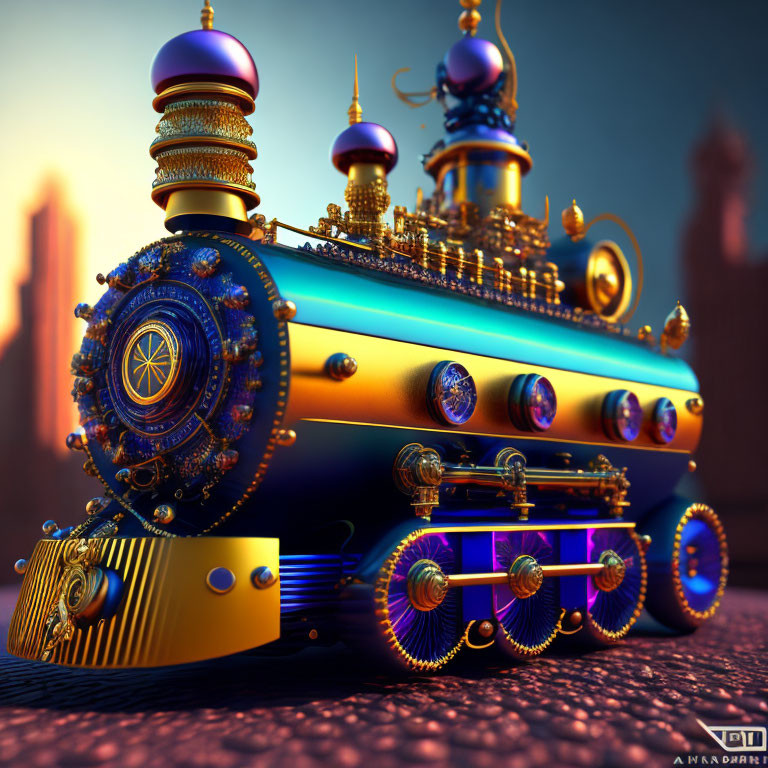 Detailed 3D Illustration of Fantastical Blue and Gold Ornate Locomotive