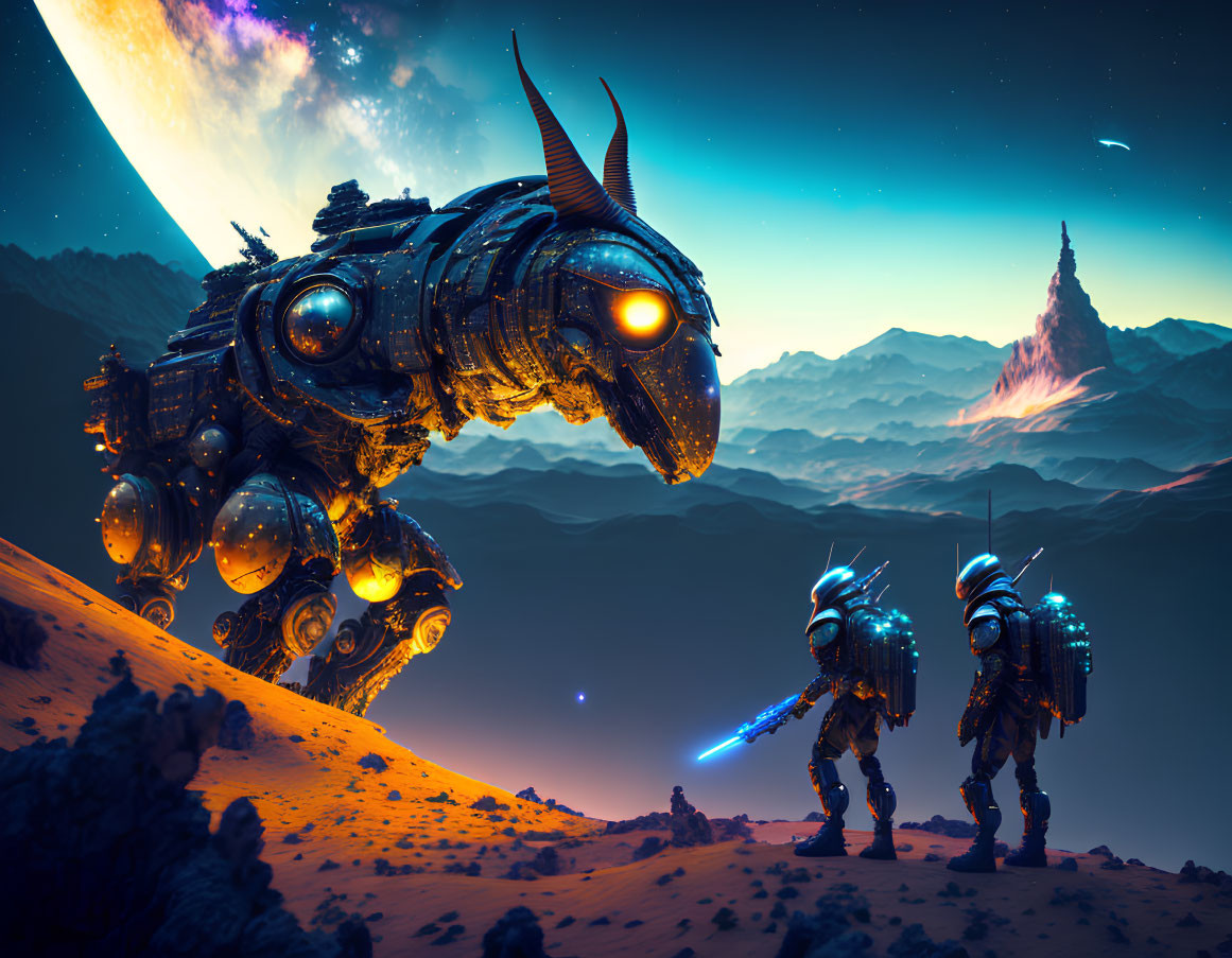 Futuristic soldiers on alien planet with robotic creature under starry sky