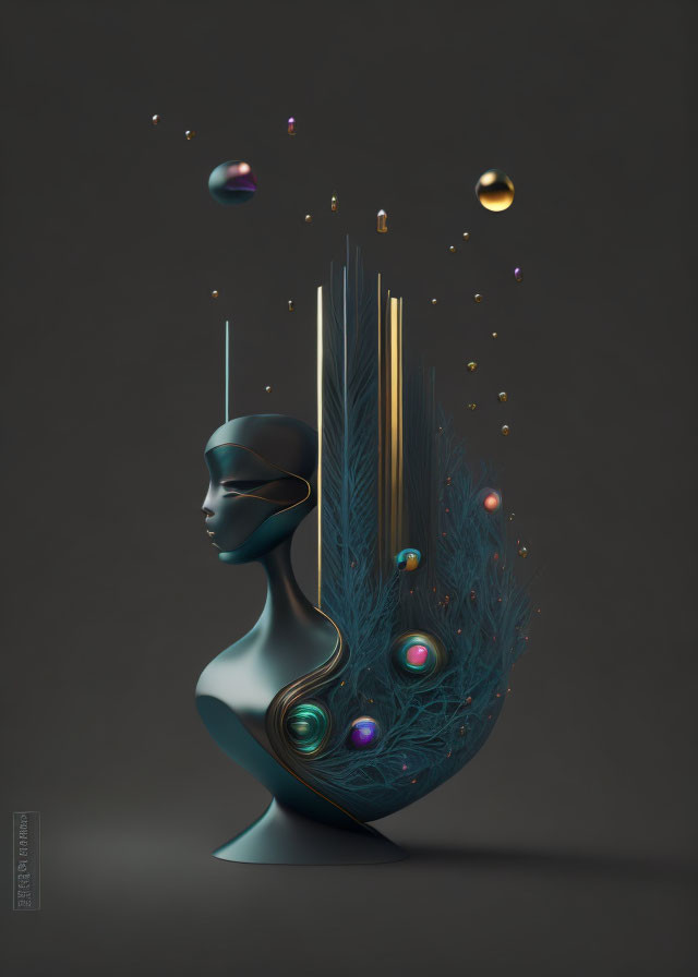 Surreal bust artwork with gradient finish and abstract feather-like extension