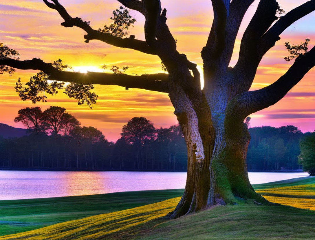 Vibrant sunset scene featuring large tree silhouette against colorful sky.