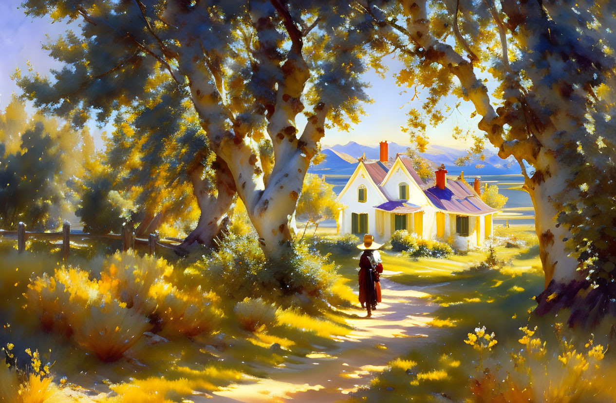 Tranquil landscape with person walking towards cozy house amid lush trees.