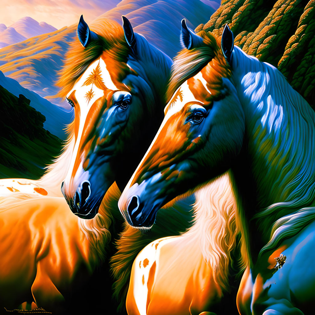 Golden horses with lustrous manes on green hills and blue sky.