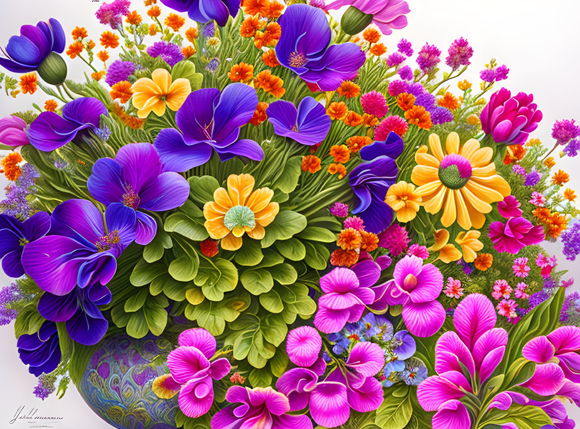 Colorful Bouquet of Blue, Purple, Pink, and Orange Flowers in Vase