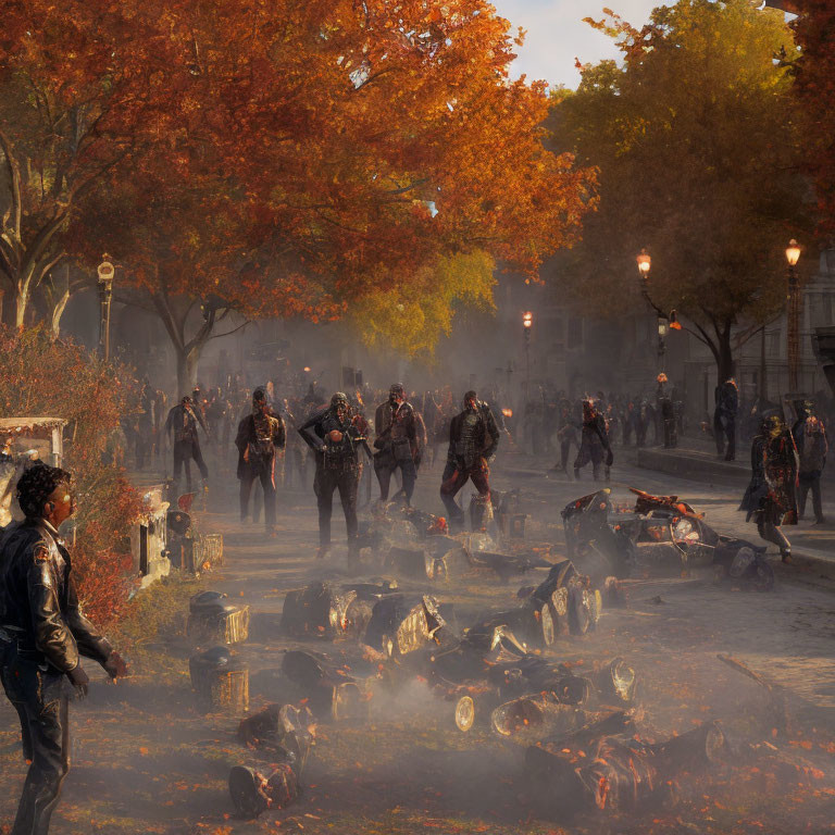 Dystopian street scene with people in tactical gear amid fallen leaves and debris