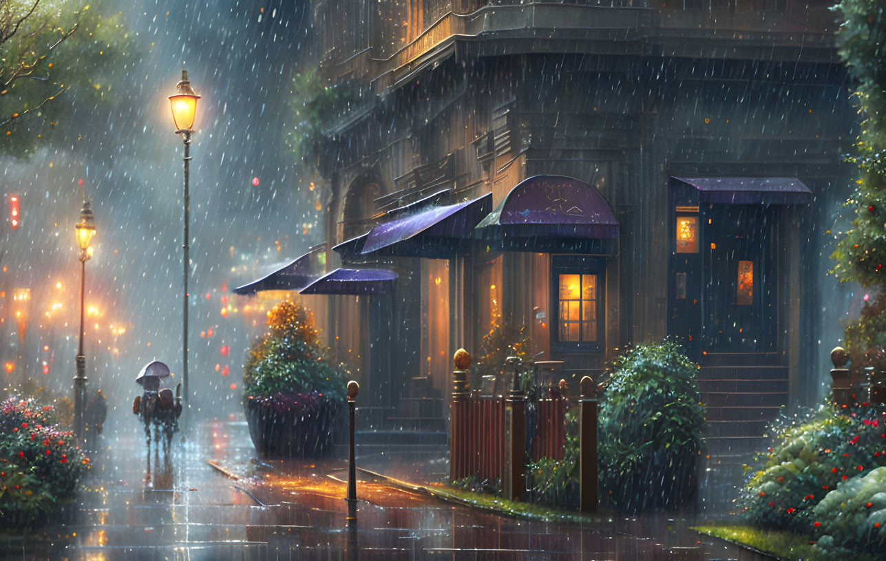 Nighttime street scene with illuminated lampposts, rainy ambiance, lone figure with umbrella, and