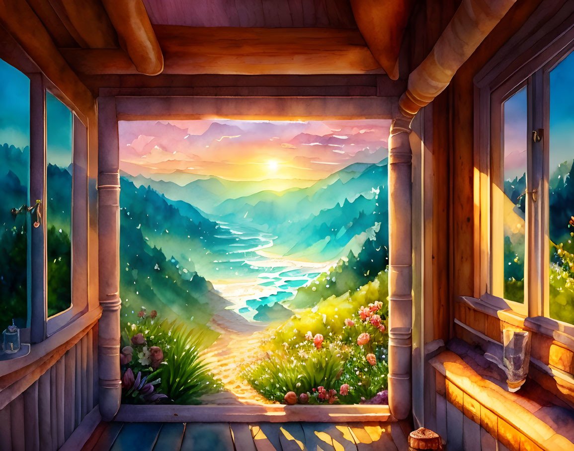 Scenic sunrise illustration on wooden porch by river in mountain landscape