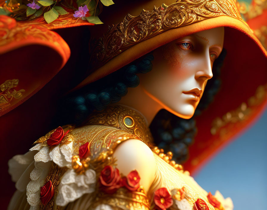 Stylized female figure with gold-trimmed red hat and ornate details