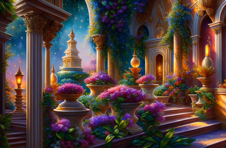 Fantasy garden at dusk: purple flowers, lanterns, columns & starry sky