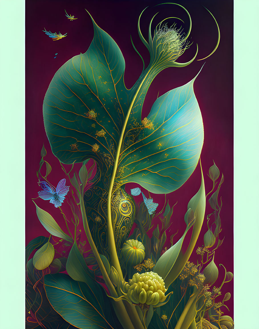 Colorful digital artwork: stylized botanical scene with verdant leaves, gold accents, and fluttering