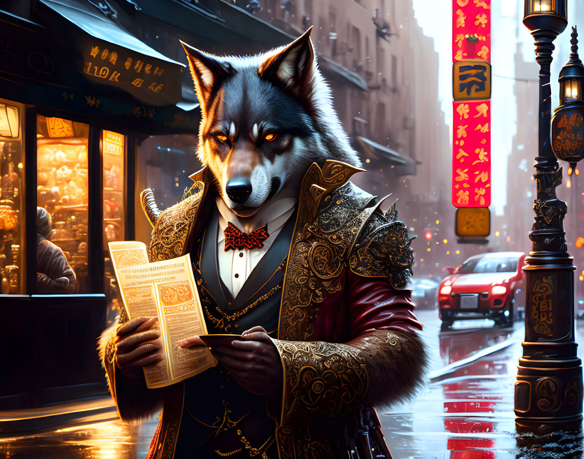 Anthropomorphic Wolf in Victorian Attire on Urban Street at Dusk