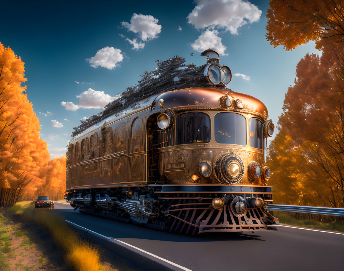 Vintage train on tracks near autumn trees and road under blue sky