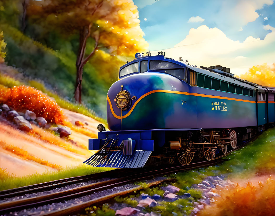 Vintage Blue Train with "Chessie The Cat" Logo in Colorful Autumn Landscape