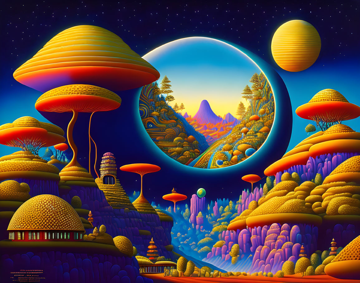 Surreal landscape with oversized mushrooms, moon, planets, and winding river