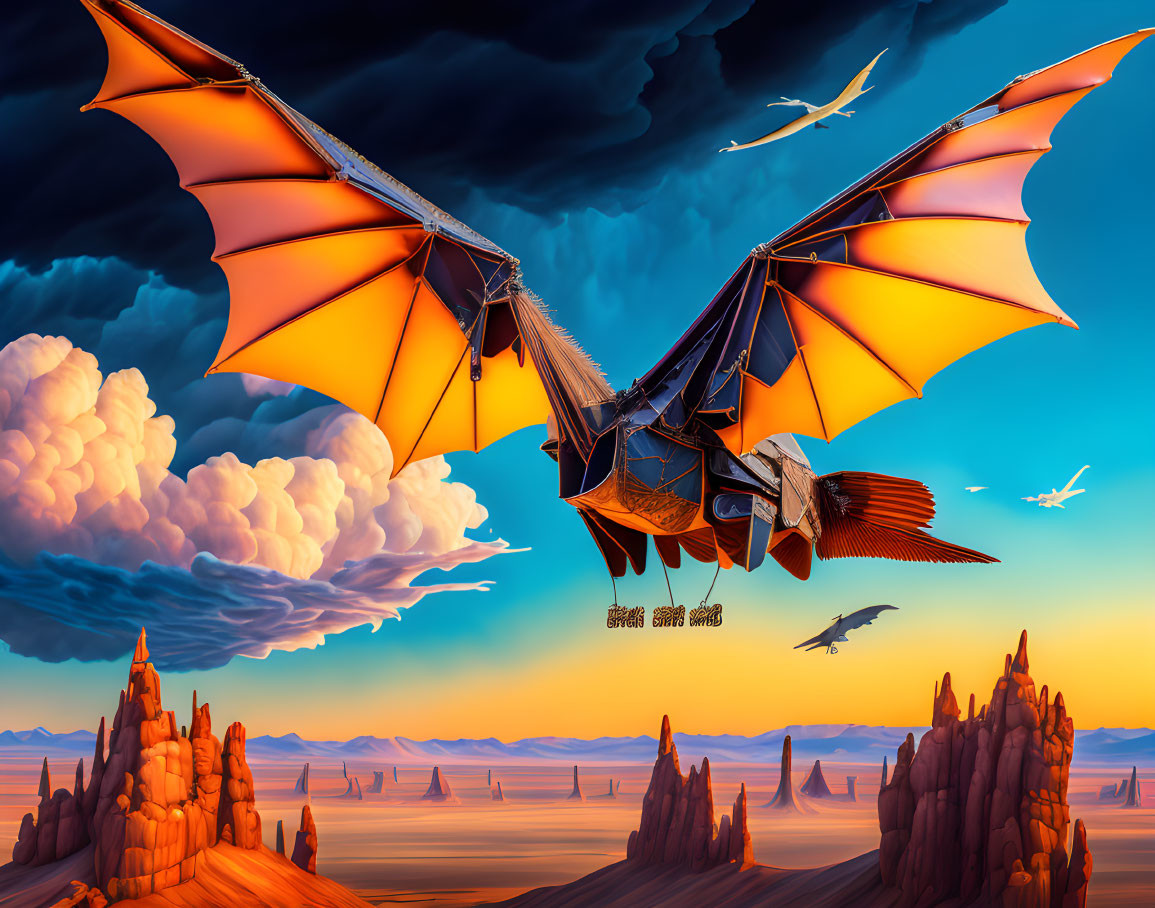 Colorful dragon flying over desert with rock formations at sunset