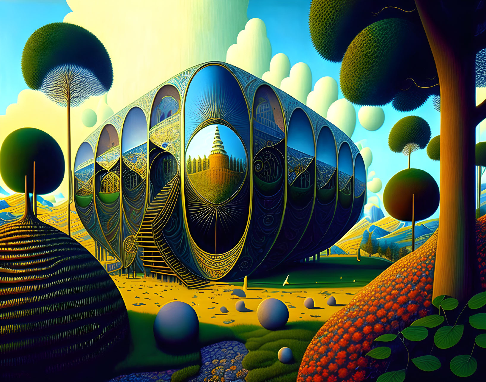 Surreal landscape with futuristic ring structure and stylized elements