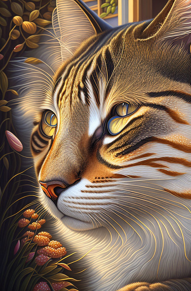 Brown-Striped Cat Digital Artwork with Yellow Eyes and Foliage