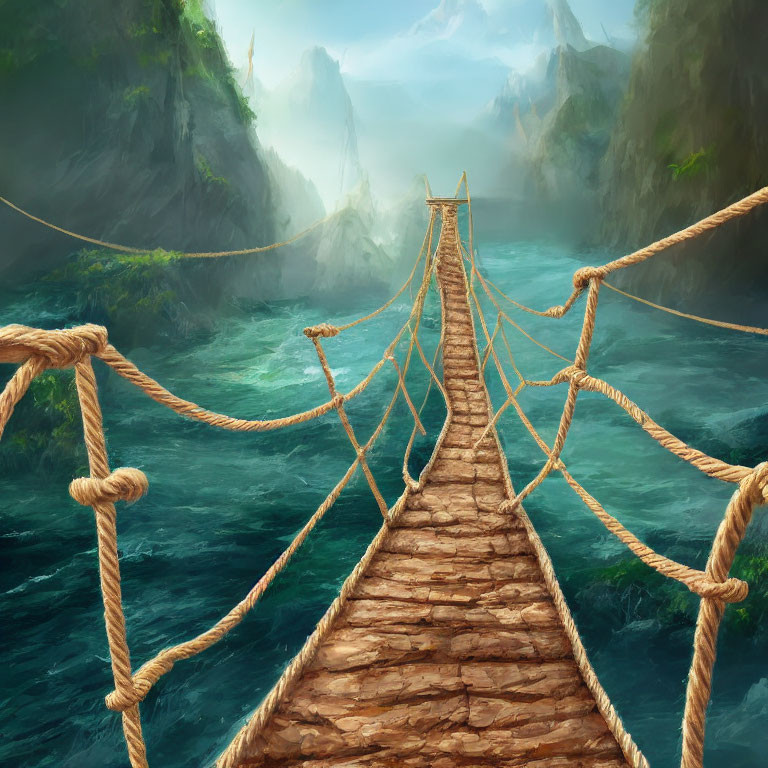 Wooden Plank Rope Bridge Over Misty Chasm