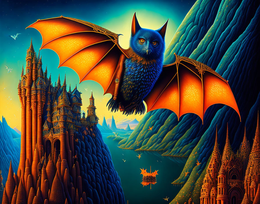 Blue owl with orange wings flying over mystical landscape and ornate towers under starry sky