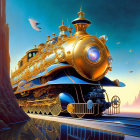 Golden and Blue Fantasy Train on Futuristic Track Amidst Twilight Sky