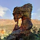 Oversized ornate sewing machine in desert landscape