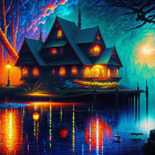 Vibrantly colored fantasy house in mystical forest with glowing lanterns