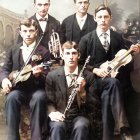 Five Men in Black Suits with Stringed Instruments Against Floral Backdrop