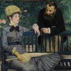 Gothic attire scene with two women and vampire man in dark garden