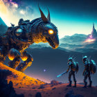 Futuristic soldiers on alien planet with robotic creature under starry sky