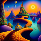 Colorful Surrealist Landscape with Whimsical Structures and Floating Planets