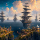 Majestic floating islands with lush greenery and sailing ships in vibrant sky