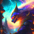 Colorful mythical creature with horns and flowing mane in fantastical landscape