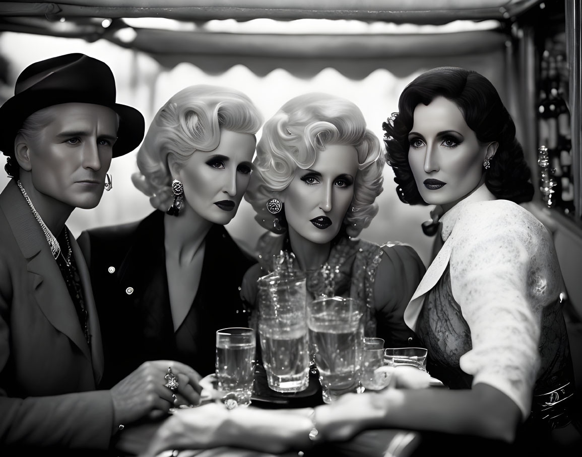 Vintage 1940s-themed black and white photo of four people in elegant attire around a table with