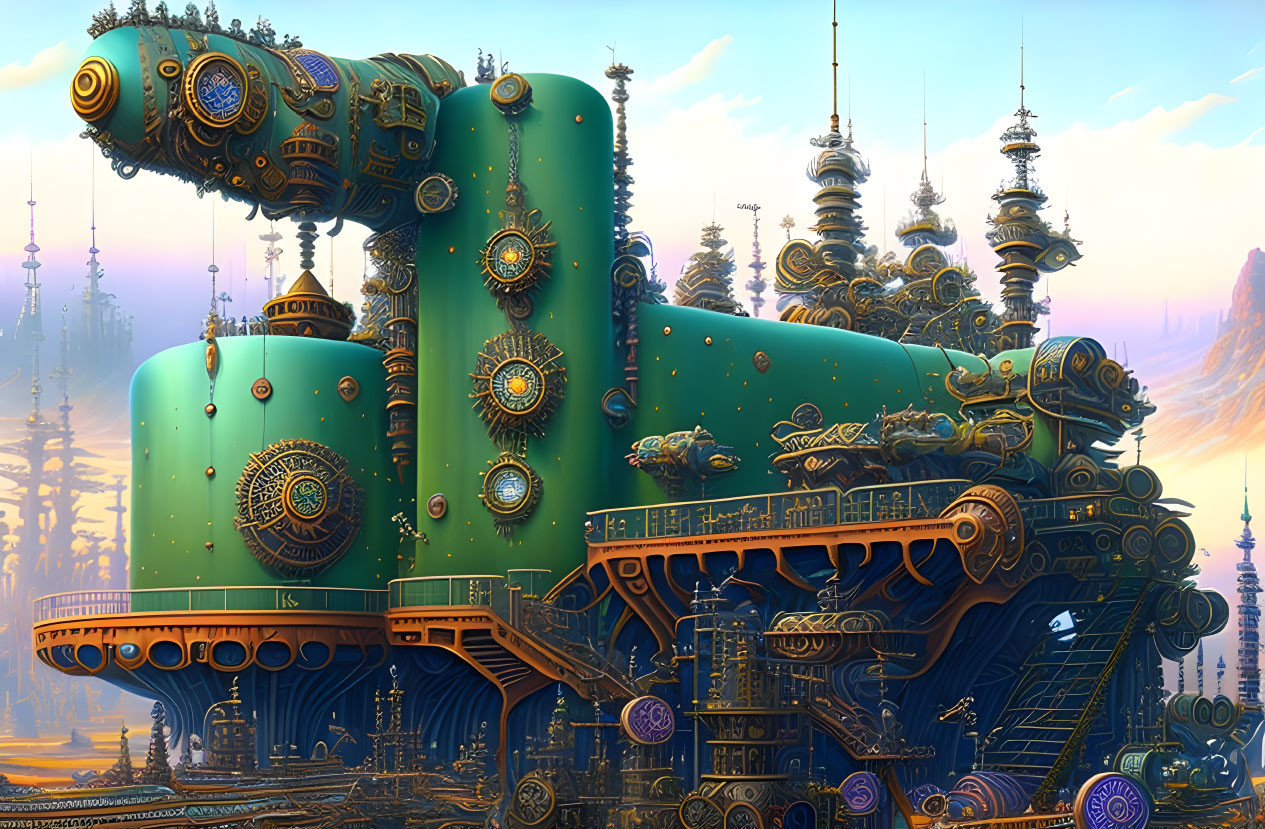 Steampunk locomotive with gears, towers, and flying vehicles in a dusk setting