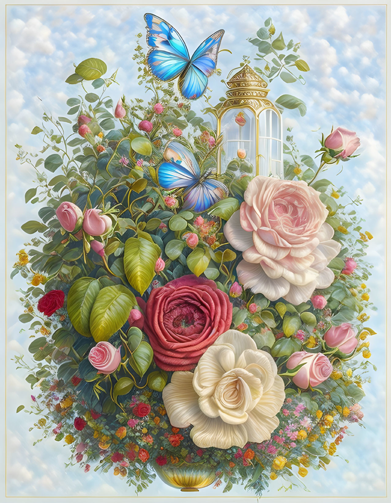 Detailed Floral Bouquet Illustration with Butterflies and Lantern