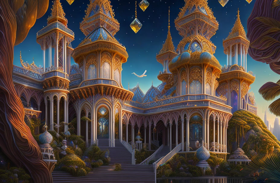 Fantasy palace at dusk with glowing lanterns, lush greenery, and flying bird