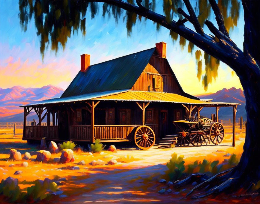 Rustic cabin painting with porch, tree, carriage, sunset sky, mountains