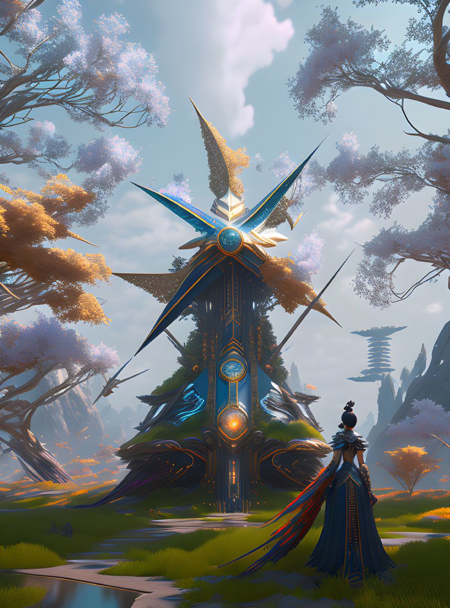 Regal figure admires intricate spire in serene landscape