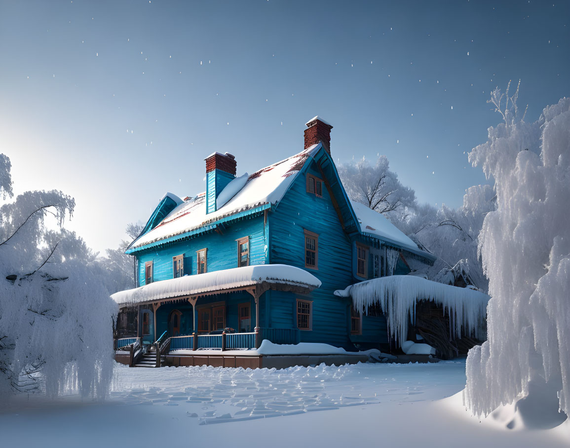 Snow-covered two-story blue wooden house with icicles, surrounded by snowy trees under a starry sky