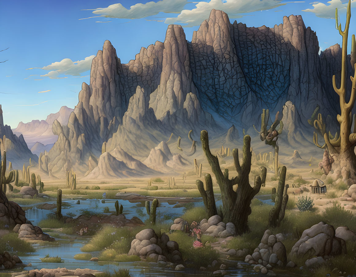 Tranquil Desert Landscape with Rock Formations and Cacti