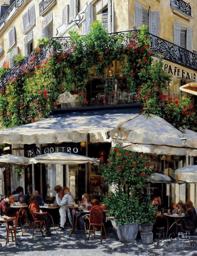 Street cafe with greenery, clear sky, patrons dining outdoors