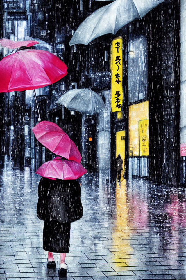 People with umbrellas on rainy night under neon lights.