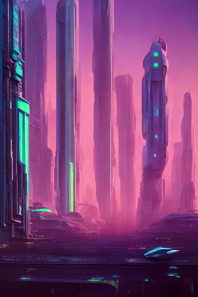Vibrant neon-lit cityscape with towering skyscrapers at dusk