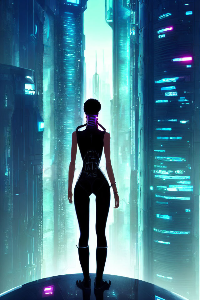 Figure in front of futuristic cityscape with neon lights and cybernetic neck implant