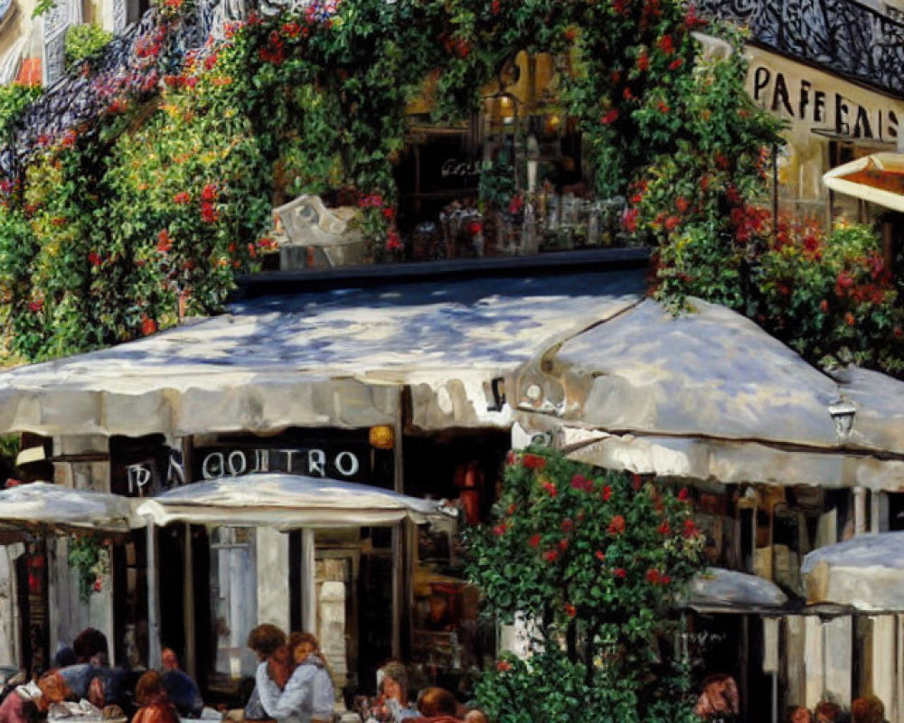 Street cafe with greenery, clear sky, patrons dining outdoors