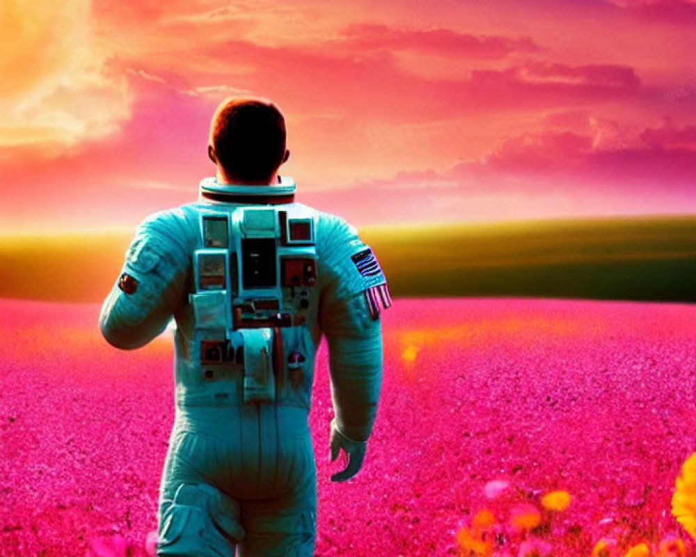 Astronaut in vibrant flower field under two large planets at sunset