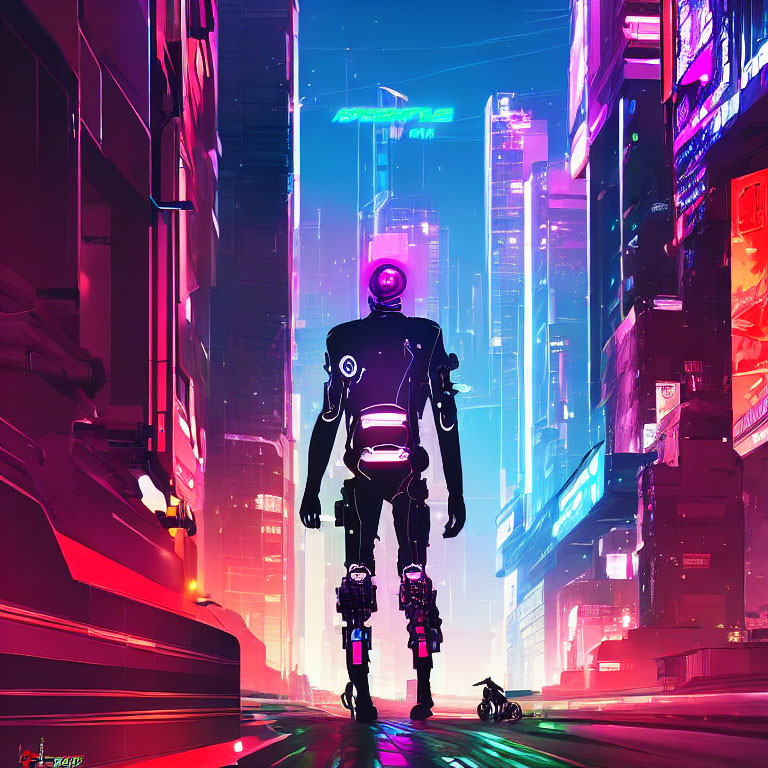 Futuristic robot with glowing purple elements in neon-lit city street
