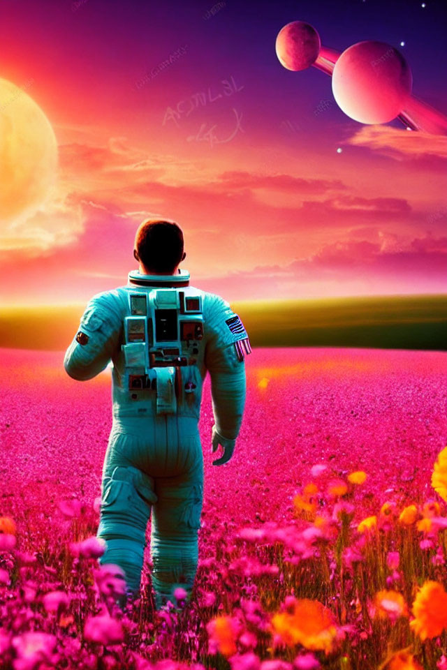 Astronaut in vibrant flower field under two large planets at sunset