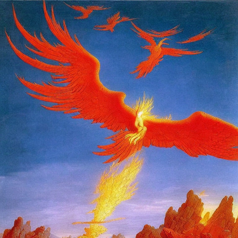 Colorful Phoenix Flying with Ablaze Wings in Blue Sky